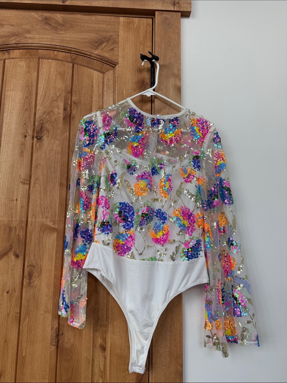Women’s White Sequin Floral Mesh One-Piece Bodysuit